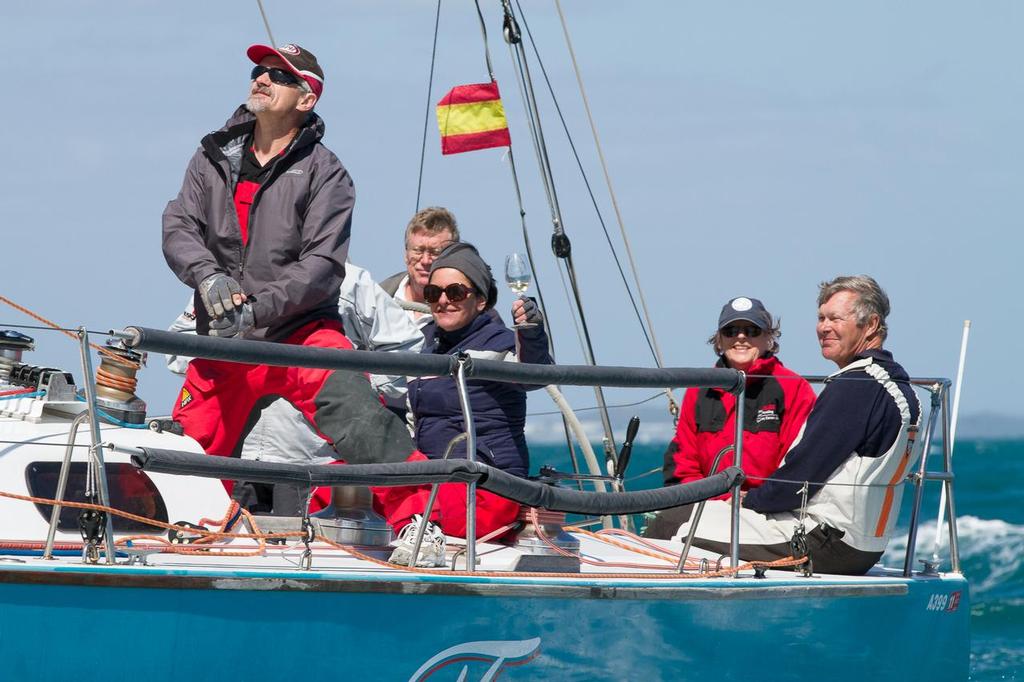 Race spbnsor Isabel Ajoulet-Law toasts the memory of George Law on board Rob Thomas' Finistere. photo copyright Bernie Kaaks taken at  and featuring the  class