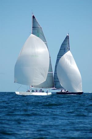 Courageous (white hull) prevailed over Victory ’83 in Modern Division at the 2015 12 Metre North American Championship sponsored by Bai. Courageous also was named the regatta’s overall winner. photo copyright SallyAnne Santos taken at  and featuring the  class