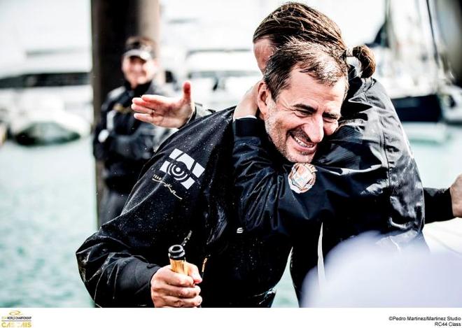 Vladimir Prosikhin (left) is congratulated by friendly competitor Vladimir Liubomirov (right) - RC44 World Championship Cascais 2015 © Martinez Studio