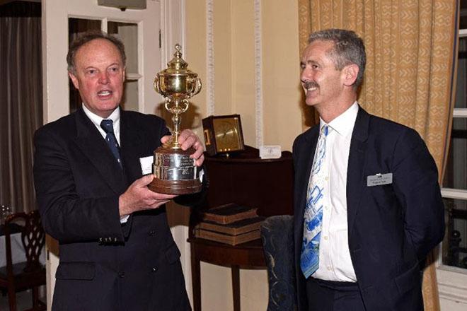 Left to right: RORC Commodore, Michael Boyd and Rupert Tyler, National Director of Brewin Dolphin  with the magnificent Commodores' Cup  © Rick Tomlinson / RORC http://www.rorc.org