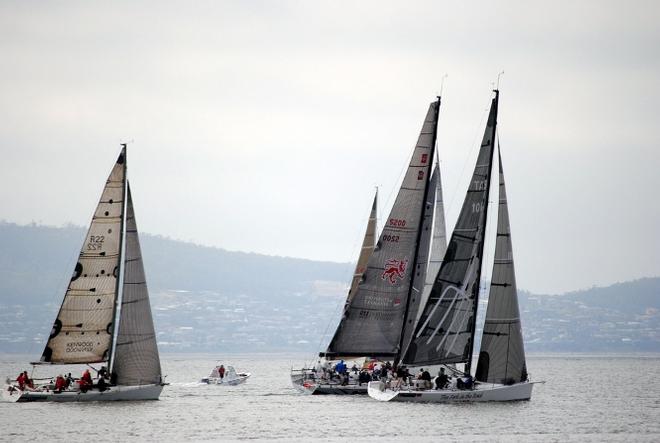 The Fork in the Road and Cougar II fight for the lead at the start of today's Channel Race on foggy Hobart morning - 2015-16 Combined Clubs Long Race Series ©  Peter Campbell