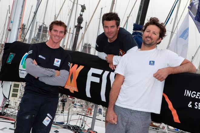 Le podium de la Generali Solo 2015 - Xavier Macaire (2eme), Alexis Loison (vainqueur), Yoann Richomme (3eme) © Alexis Courcoux