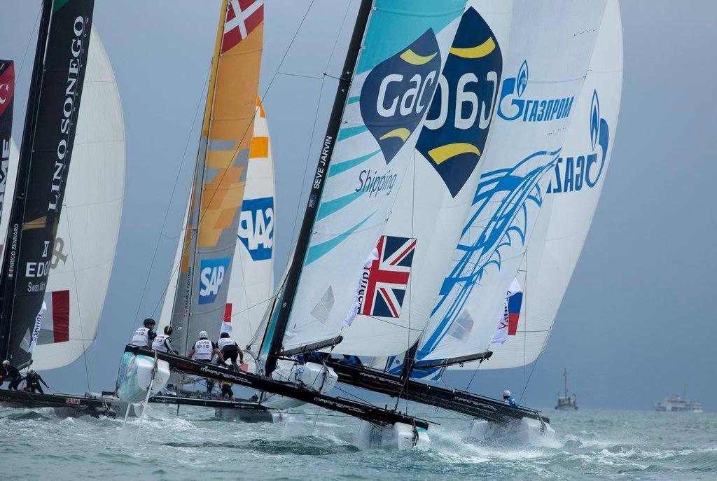 GAC Pindar Team skippered by Chris Draper (GBR) with crew Adam Minoprio (NZL), Steve Javin (AUS), James Wierzbowski (AUS) and bowman Tyson Lamond (AUS) — in Istanbul, Turkey. © Lloyd Images/Extreme Sailing Series