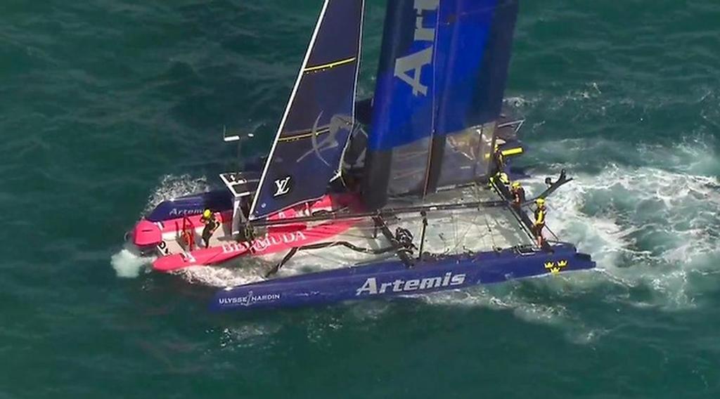 ``Houston, we have a problem!`` - Umpire boat in head-on collision with Artemis Racing - Race 2 ACWS Bermuda photo copyright Americas Cup Media www.americascup.com taken at  and featuring the  class