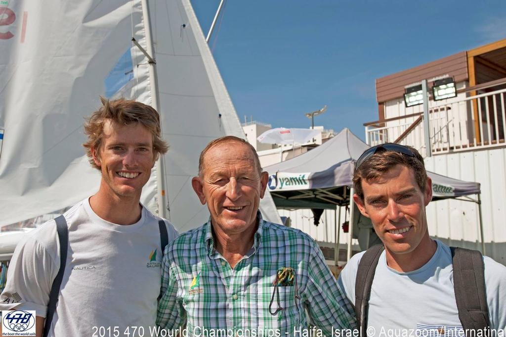 Will Ryan, Matt Belcher and super-coach Victor Kovalenko - Day 1, 2015 470 Worlds, Haifa, Israel © International 470 Class Association