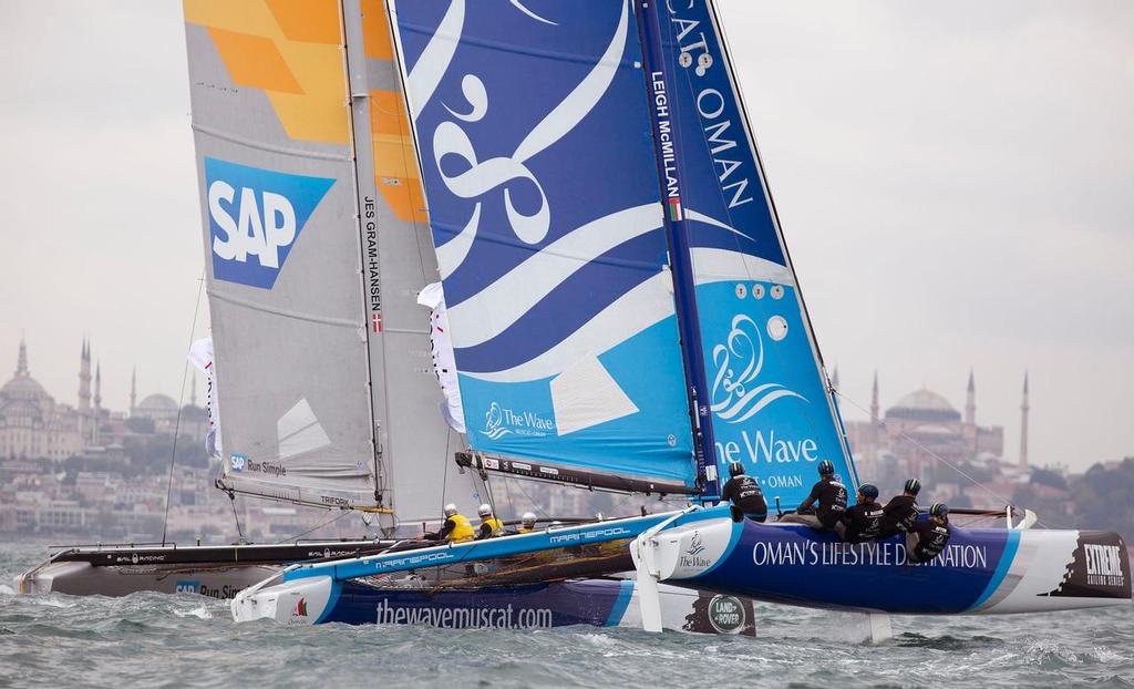 The Extreme Sailing Series 2015 Act 7. Istanbul. Turkey. The Wave, Muscat/Al Mouj Muscat Team skippered by Leigh McMillan (GBR) with crew Sarah Ayton (GBR), Pete Greenhaigh (GBR), Ed Smyth (NZL/AUS) and bowman Nasser Al Mashari (OMA) © Lloyd Images/Extreme Sailing Series