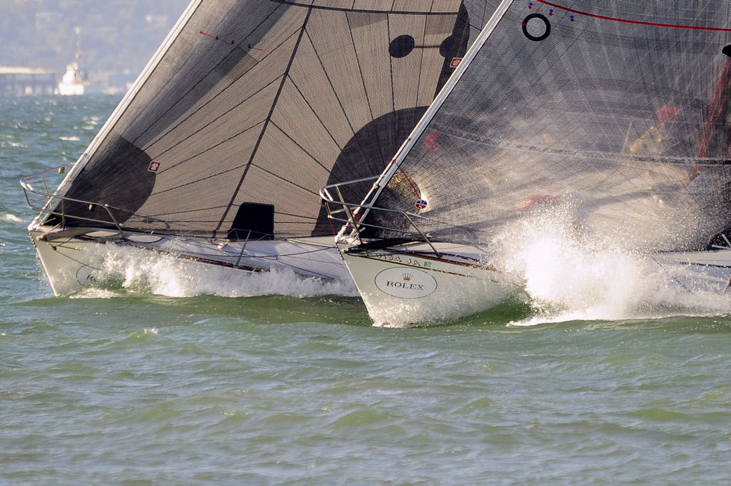 When the SF bay flood tides cooperate, tight upwind racing comes so close to shore that you can hear the polite exchanges between boats. Yeah, right.  © Chuck Lantz http://www.ChuckLantz.com