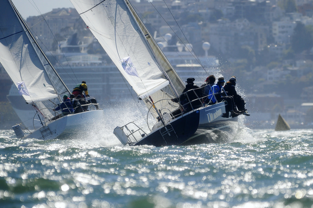 J-105s beating upwind near the cruise ship terminal. Kevin Mullen's Cuchulainn on the right, and Peter Baldwin's Ultimatum on the left. © Chuck Lantz http://www.ChuckLantz.com