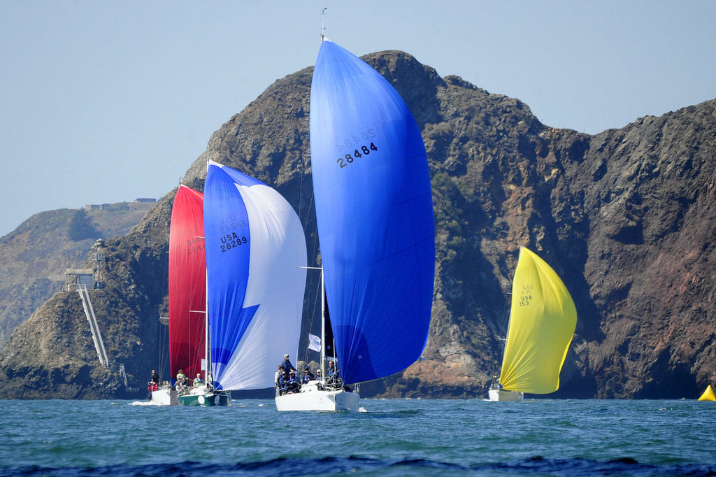 Barry Lewis's Chance leads part of the J-120 fleet back from the RBBS mark just outside the Golden Gate, framed by the Marin headlands. Chance finished second in their division. © Chuck Lantz http://www.ChuckLantz.com