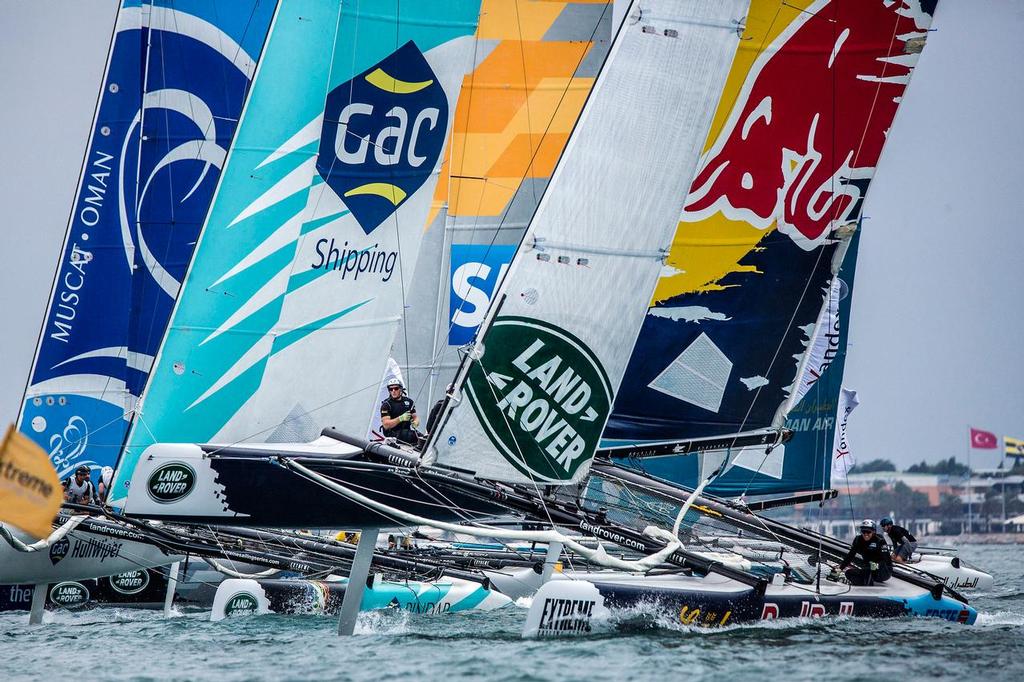 The Red Bull Sailing Team (R) of Austria in their Extreme 40 catamaran during day two of the seventh stop of the Extreme Sailing Series Series, Istanbul, Turkey on October 2nd 2015. © Lloyd Images/Extreme Sailing Series