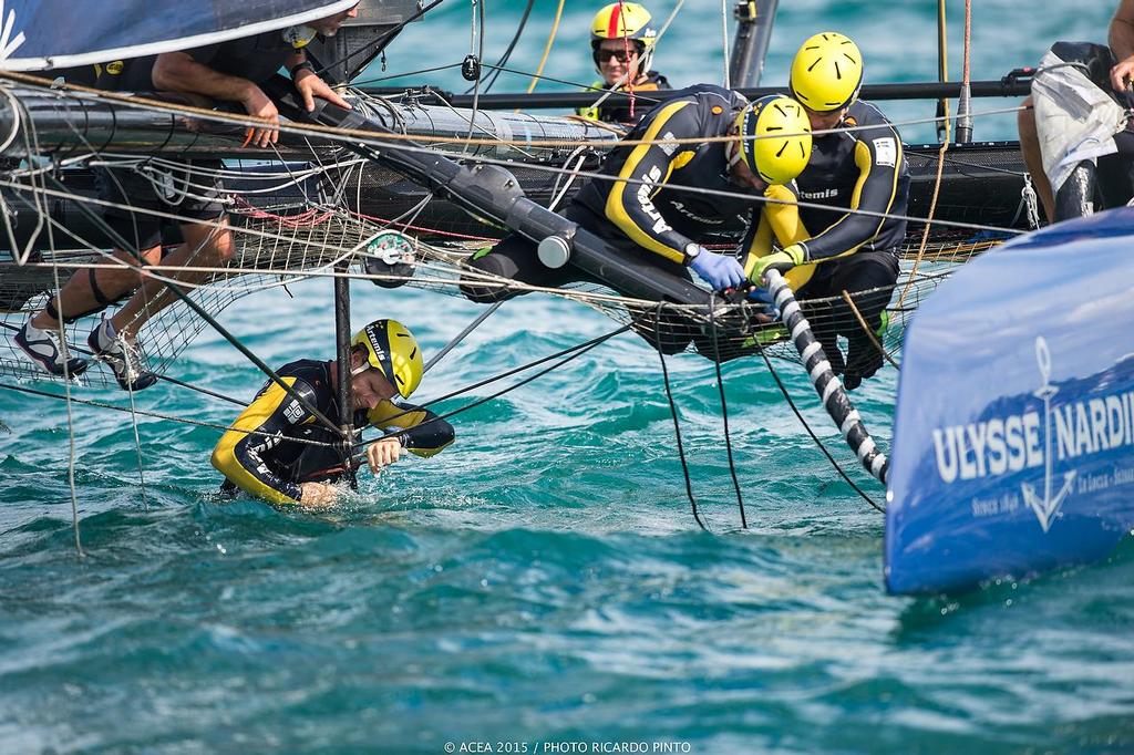 Running repairs after the umpire boat collision -  Louis Vuitton America&rsquo;s Cup World Series Bermuda - Racing Day 2 photo copyright ACEA / Ricardo Pinto http://photo.americascup.com/ taken at  and featuring the  class