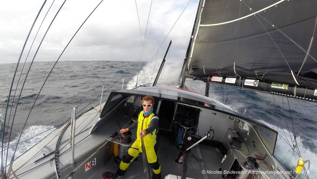 Onboard picture from IMOCA Adopteunskipper.net, skippers Nicolas Boidevezi (FRA) and Ryan Breymaier (DEU), during the Transat Jacques Vabre on october 27, 2015 on the Atlantic ocean - Photo Nicolas Boidevezi / Adopteunskipper.net © Transat Jacques Vabre