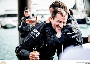 Vladimir Prosikhin (left) is congratulated by friendly competitor Vladimir Liubomirov (right) - RC44 World Championship Cascais 2015 photo copyright Martinez Studio taken at  and featuring the  class
