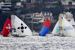 Fleet nearly becalmed off Shark Island - 2015 18ft Skiffs R. Watt Memorial Trophy photo copyright Frank Quealey /Australian 18 Footers League http://www.18footers.com.au taken at  and featuring the  class
