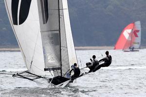 Thurlow Fisher Lawyers chases Gotta Love It 7 downwind - 2015 18ft Skiffs R. Watt Memorial Trophy photo copyright Frank Quealey /Australian 18 Footers League http://www.18footers.com.au taken at  and featuring the  class
