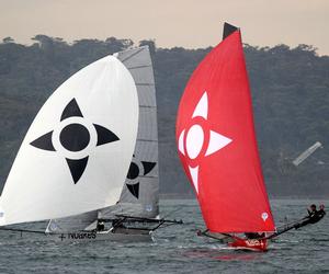 Two Noakes skiffs battle for fourth place - 2015 18ft Skiffs R. Watt Memorial Trophy photo copyright Frank Quealey /Australian 18 Footers League http://www.18footers.com.au taken at  and featuring the  class