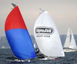 Yandoo and De'Longhi on the second spinnaker run - 2015 18ft Skiffs R. Watt Memorial Trophy photo copyright Frank Quealey /Australian 18 Footers League http://www.18footers.com.au taken at  and featuring the  class