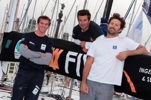 Le podium de la Generali Solo 2015 - Xavier Macaire (2eme), Alexis Loison (vainqueur), Yoann Richomme (3eme) photo copyright Alexis Courcoux taken at  and featuring the  class