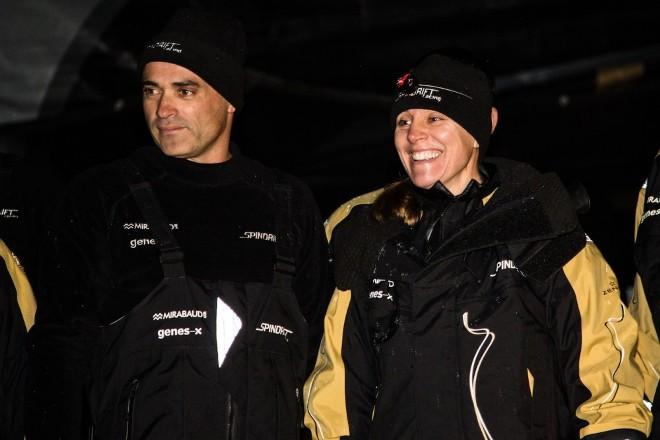 Spindrift 2 crosses the start line - 2015 Jules Verne Trophy ©  Eloi Stichelbaut/Spindrift Racing http://www.spindrift-racing.com/