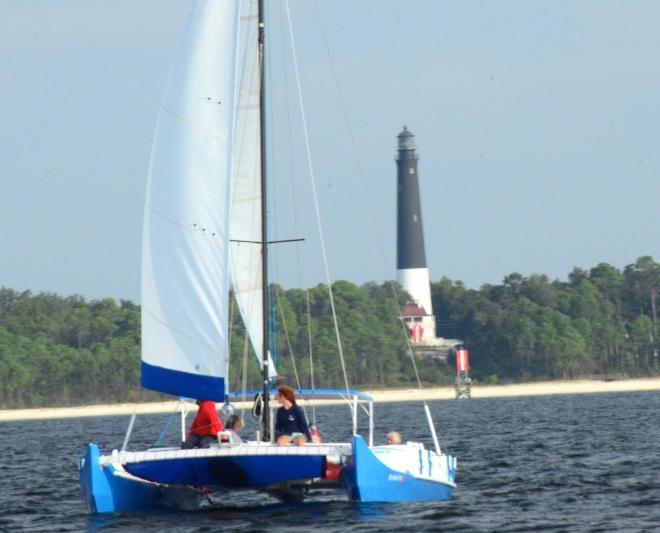 Greg Russell’s little homemade catamaran, ‘Surf Rider’, a Wharram design that looks something like two canoes connected by cross beams, was the first yacht to turn back. 'Surf Rider' was back in Pensacola Bay by mid-afternoon. She was the last boat in the fleet to exit Pensacola Bay earlier on Halloween. - 2015 Andrews Institute Pensacola a la Habana Yacht Race © Talbot Wilson