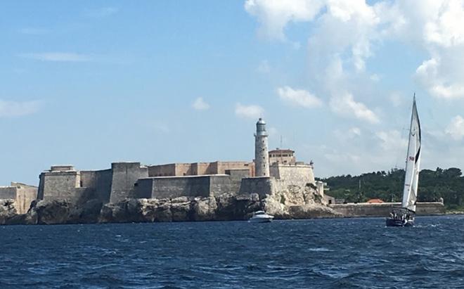 'Noor', one of the local boats representing Cuba and Switzerland from Marina Hemingway rounds the mark of the castle heading for the finish. 'Noor' was fourth in the Castillo del Morro Race which followed the inaugural 2015 Andrews Institute Pensacola a la Habana Race.The race had 12 entries, seven from the US fleet and 5 from Cuba. © David Oerting