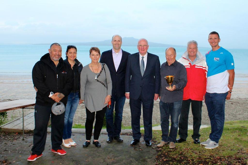 Awataha Marae Group, Evelyn Johnson (Takapuna Boating Club), Balazs Hajdu, George Wood, Barry Ward, Peter Montgomery, Giles Scott. ©  Robert Deaves