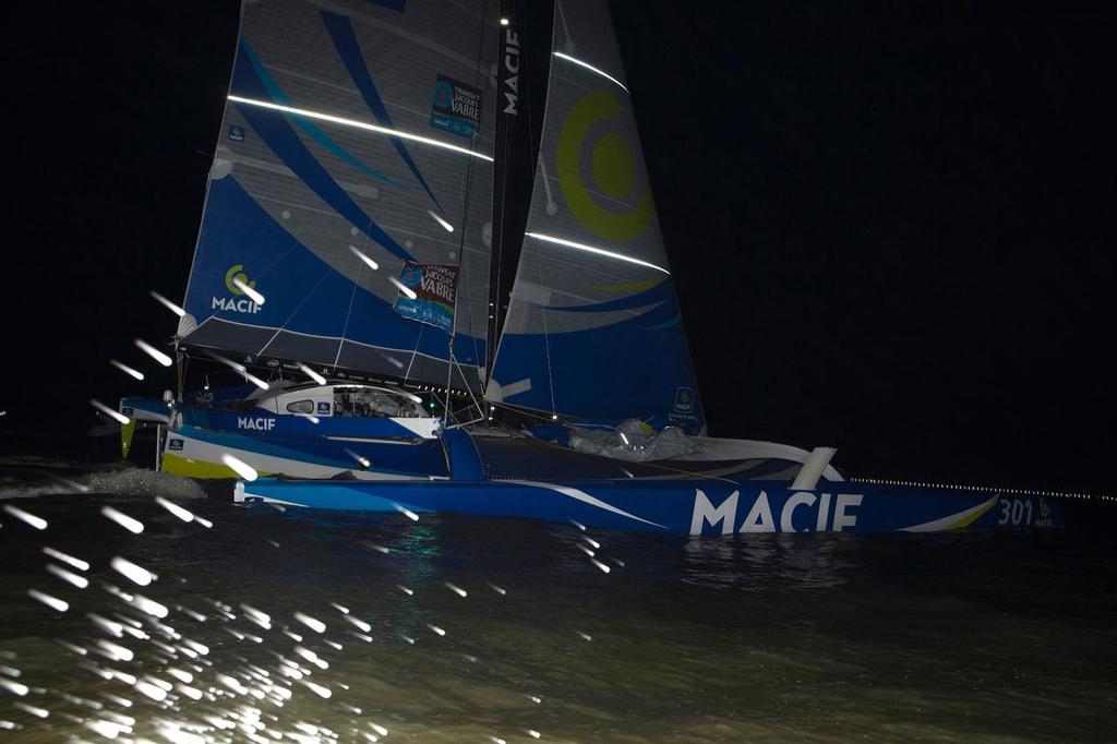 Ultime Macif, skippers Francois Gabart (FRA) and Pascal Bidegorry (FRA), winner of the Ultime category in 12d 17h 29mn 27sec, during the Transat Jacques Vabre sailing race arrivals  on november 07, 2015 in Itajai, Brazil photo copyright  Jean-Marie Liot / DPPI / TJV http://www.transat-jacques-vabre.com/ taken at  and featuring the  class