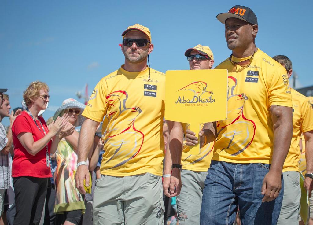 Rugby player Jonah Lomu leads the Abu Dhabi Ocean Racing sailors parade in the Volvo Ocean Race Village before the New Zealand Herald In-Port Race. © Victor Fraile/Volvo Ocean Race http://www.volcooceanrace.com