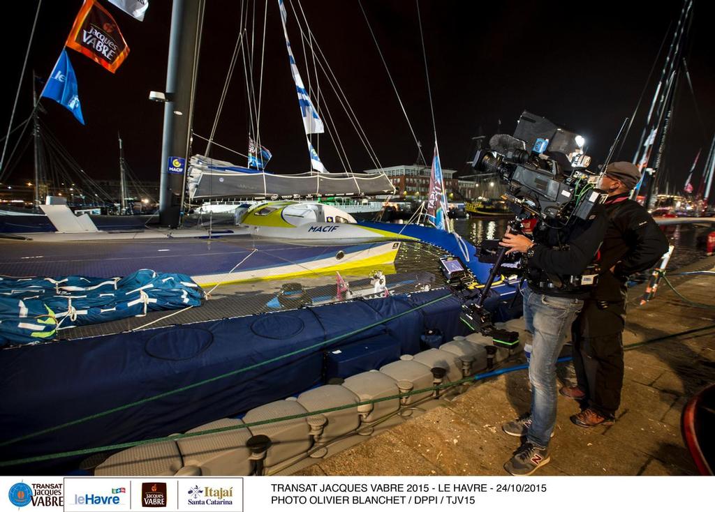 France TV media near Ultime Macif, skippers Francois Gabart (FRA) and Pascal Bidegorry (FRA), during the Transat Jacques Vabre pre-start week on october 24, 2015 in Le Havre, France - Photo Olivier Blanchet / DPPI © Transat Jacques Vabre