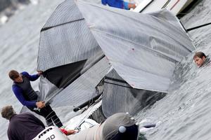 Ash Rooklyn and his team sorting out the problem after a collision with the Manly Ferry - 2015 NSW 18ft Skiff Championship photo copyright Frank Quealey /Australian 18 Footers League http://www.18footers.com.au taken at  and featuring the  class