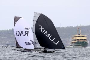 Lumix and Coopers 62-Rag and Famish Hotel on the spinnaker run down the middle of the harbour - 2015 NSW 18ft Skiff Championship photo copyright Frank Quealey /Australian 18 Footers League http://www.18footers.com.au taken at  and featuring the  class