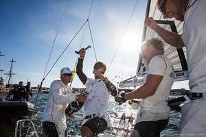Nicolai Sehested celebrates with his team after winning the Energa Sopot Match Race, a world champioinship on the 2015 World Match Racing Tour photo copyright  Robert Hajduk / WMRT taken at  and featuring the  class