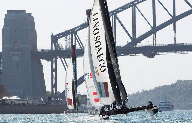 Act 8 Sydney - Day 1 - Lino Sonego Team Italia chase Team Turx and Red Bull Sailing Team downwind. - 2015 Extreme Sailing Series © Lloyd Images