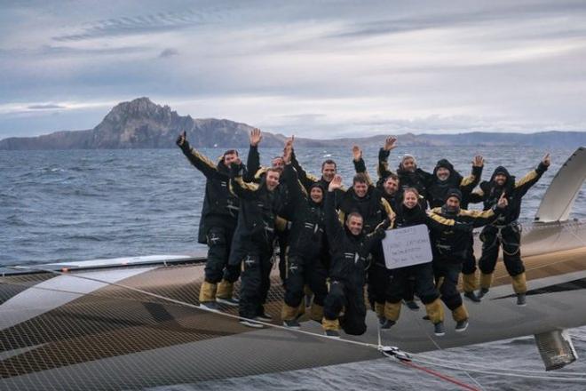 Spindrift 2 crew celebrate passing Cape Horn - 2015 Jules Verne Trophy © Yann Riou / Spindrift racing