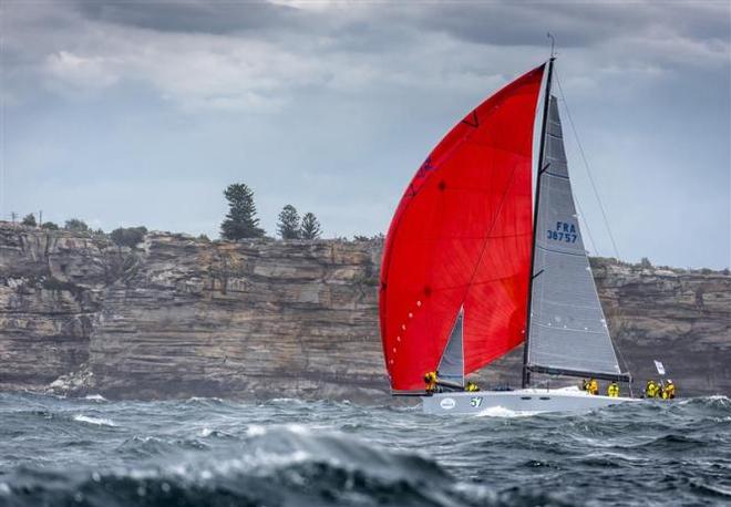 Eric Turckheim's Teasing Machine (FRA) passing by The Heads - 2015 Rolex Sydney Hobart Yacht Race ©  Rolex/ Kurt Arrigo http://www.regattanews.com