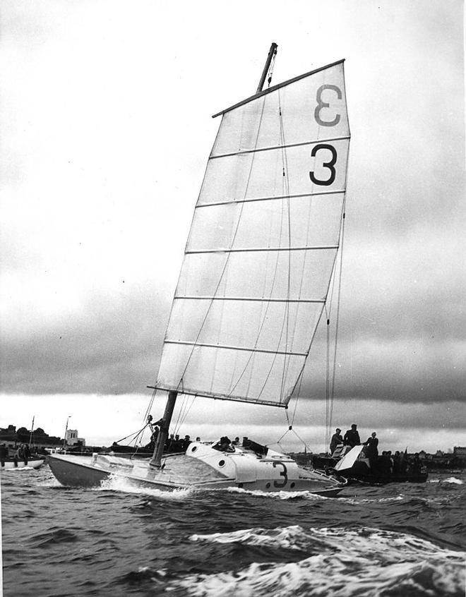 circa 1960 - Blondie Haslar sailing his junk rigged Folkboat Jester in the first OSTAR © PPL Media http://www.pplmedia.com