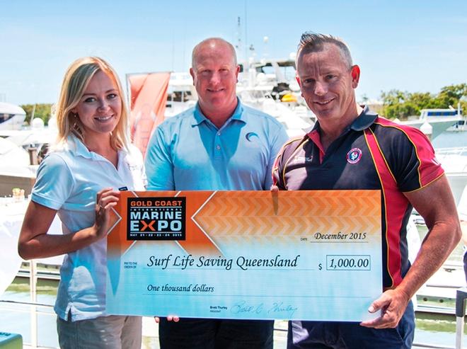 Westpac Lifesaver Rescue Helicopter Service community awareness coordinator Scott Harrison (right) accepts a $1000 donation from Expo’s event and marketing manager Emma Brown and Expo’s chairman Brett Thurley © Gold Coast Marine Expo www.gcmarineexpo.com.au