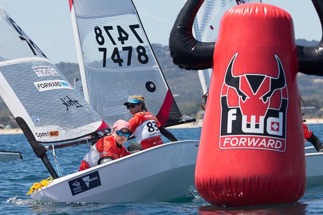 Tom Wright from QLD bringing the U16 fleet into the top mark - he's currently in fourth place. - 2015 Bic O'pen World Cup ©  Alex McKinnon Photography http://www.alexmckinnonphotography.com