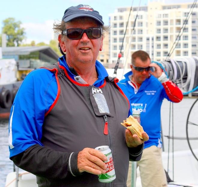 Gary Smith celebrates his win with a cold beer and a hot pie - 2015 Rolex Sydney Hobart Yacht Race © Sam Tiedemann