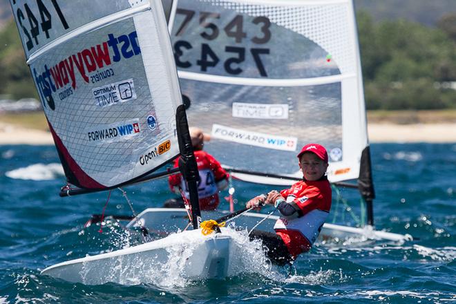 Louis Hitchings from QLD (U13) demonstrating all the right skills and focus. - 2015 Bic O'pen World Cup ©  Alex McKinnon Photography http://www.alexmckinnonphotography.com