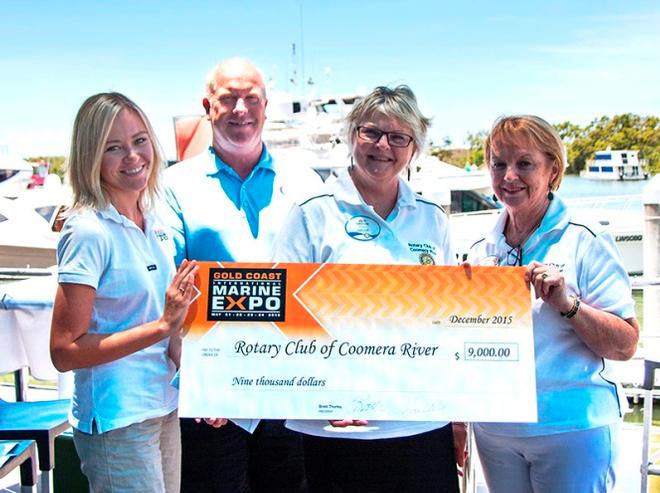 Expo event and marketing manager Emma Brown and Expo chairman Brett Thurley present a $9000 donation to Rotary Club of Coomera River president Jen Dreyer and secretary/president-elect Val Bruce © Gold Coast Marine Expo www.gcmarineexpo.com.au