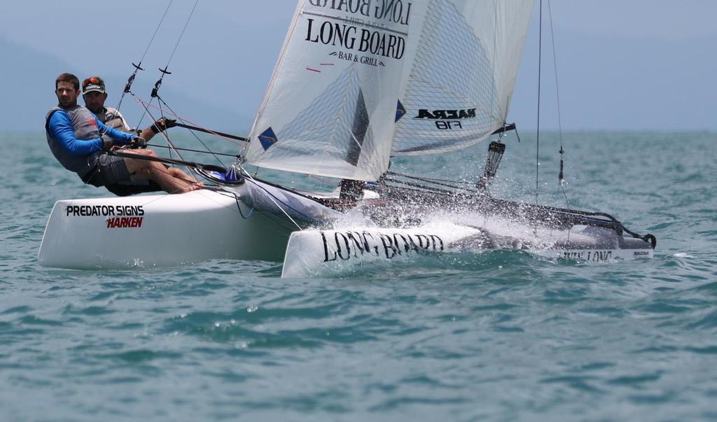Thomas_Orr_Day 2, F18 'Longboard Bar & Grill' sailed by Mick Guinea and Brendon Torpelund from Townsville Sailing Club. © Thomas Orr