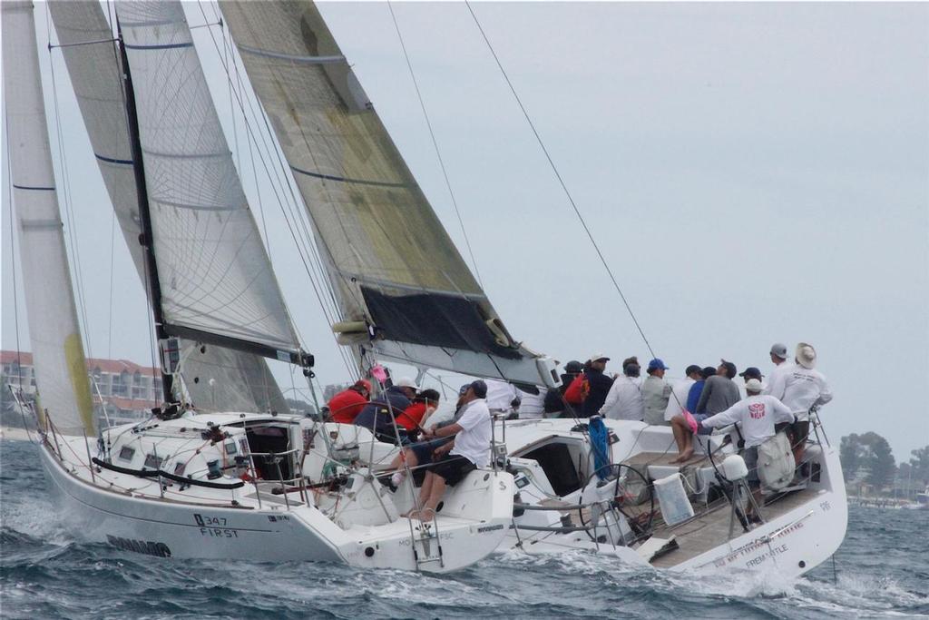 Trevor Taylor's Marten 49 Optimus Prime rolls Dynamic as the two come off the start line. photo copyright Tracy McPhee taken at  and featuring the  class