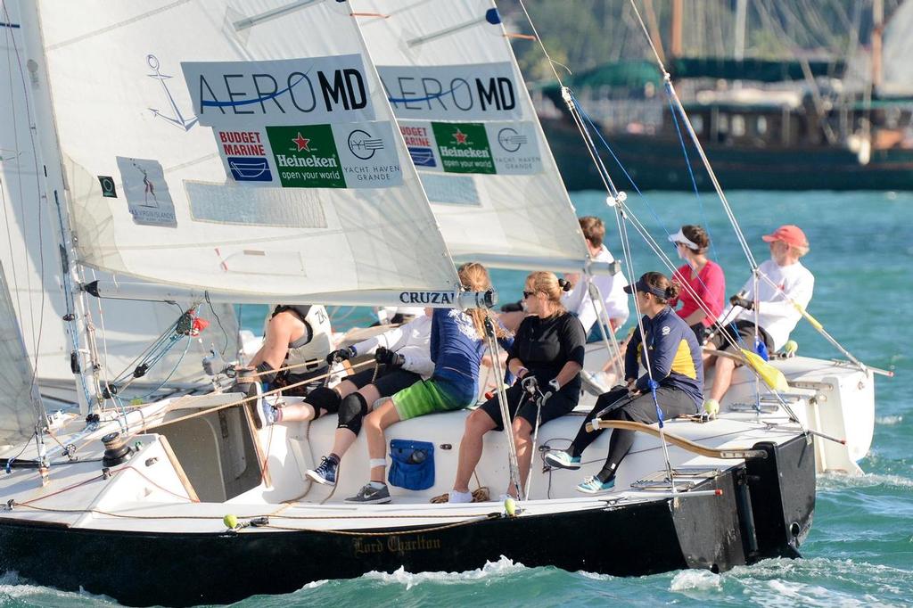 Close racing between the USA’s Dave Dellenbaugh (far right, red cap) and Brazil’s Julianna Senfft (on the tiller on the black-hulled boat in the foreground). photo copyright Dean Barnes taken at  and featuring the  class