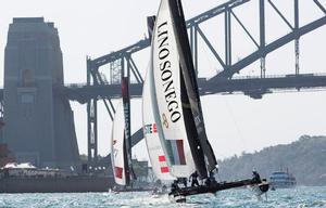 Act 8 Sydney - Day 1 - Lino Sonego Team Italia chase Team Turx and Red Bull Sailing Team downwind. - 2015 Extreme Sailing Series photo copyright Lloyd Images taken at  and featuring the  class