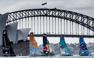 The Wave, Muscat lead the fleet as they race against the backdrop of the Sydney Harbour Bridge. - 2015 Extreme Sailing Series photo copyright Lloyd Images taken at  and featuring the  class