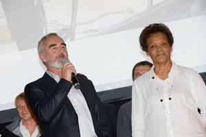 Loïck Peyron and Jacqueline Tabarly on stage during The Transat Press Conference at the Salon Nautique 2016 photo copyright Alexis Courcoux taken at  and featuring the  class