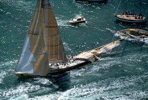 PPL PHOTO AGENCY - COPYRIGHT RESERVED
'The Card' dismasted and tangled with the spectator boat at the re-start leg 4 in Auckland, Whitbread Round the World Race 1989-90.
PHOTO CREDIT: David Branigan/PPL
TEL: +44 (0)1243 555561 E.mail: ppl@mistral.co.uk
 www.pplmedia.com photo copyright PPL Media http://www.pplmedia.com taken at  and featuring the  class