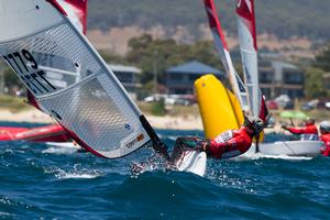 Billy Gargett (U13) from NSW hiking very hard on his boat Chilly Willy. - 2015 Bic O'pen World Cup photo copyright  Alex McKinnon Photography http://www.alexmckinnonphotography.com taken at  and featuring the  class
