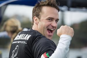 The Wave Muscat skipper Leigh McMillan (GBR) celebrates winning the 2015 series today in Sydney Harbour - 2015 Extreme Sailing Series photo copyright Lloyd Images taken at  and featuring the  class